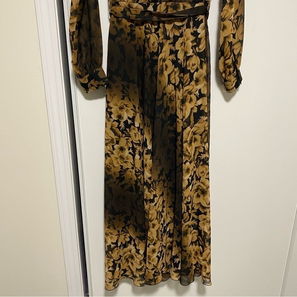 Floral black/ golden yellow chiffon maxi dress long  sleeve - Picture 3 of 15
